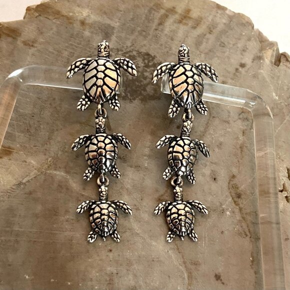 VTG Kabana Sterling Silver 925 Dimensional Sea Turtle Trio Dangle Drop Earrings - Picture 12 of 16
